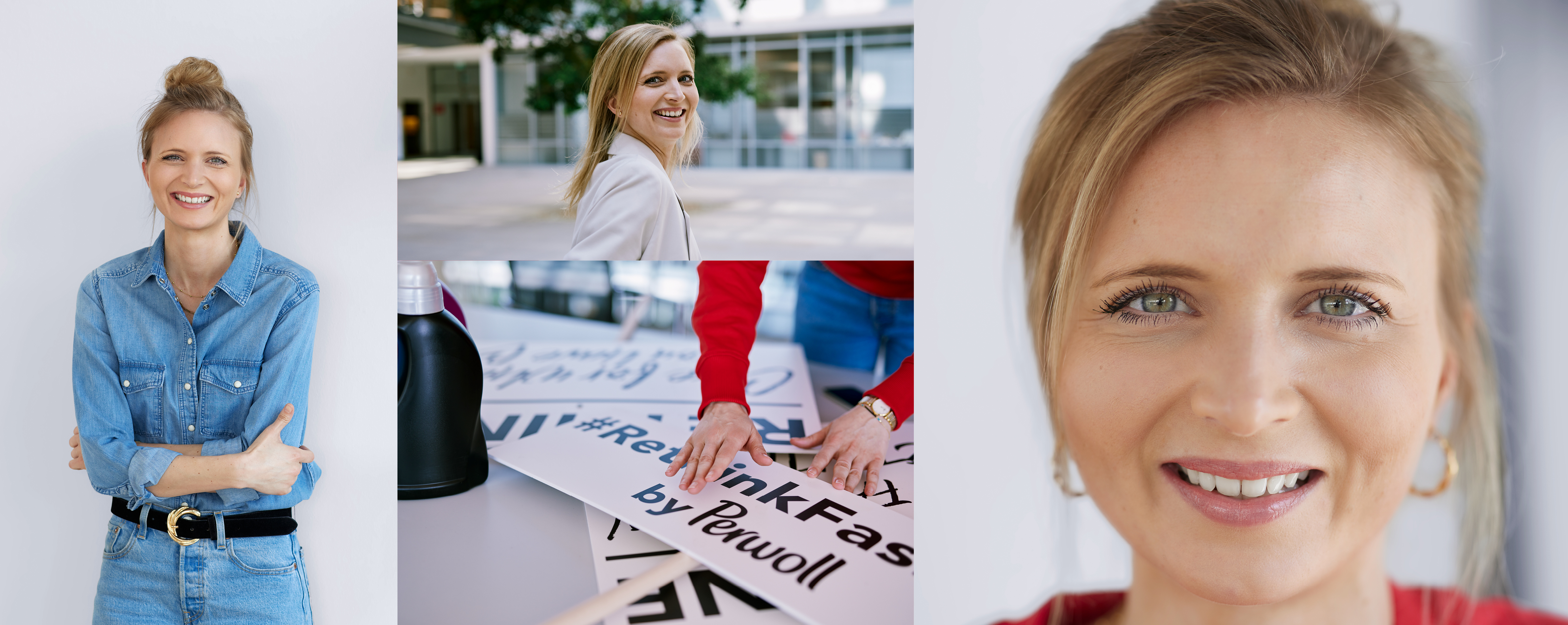 An employee of Henkel in front of her workplace. She poses for the camera, sorts signs from the #Rethink Fashion campaign by Persil, and is smiling.