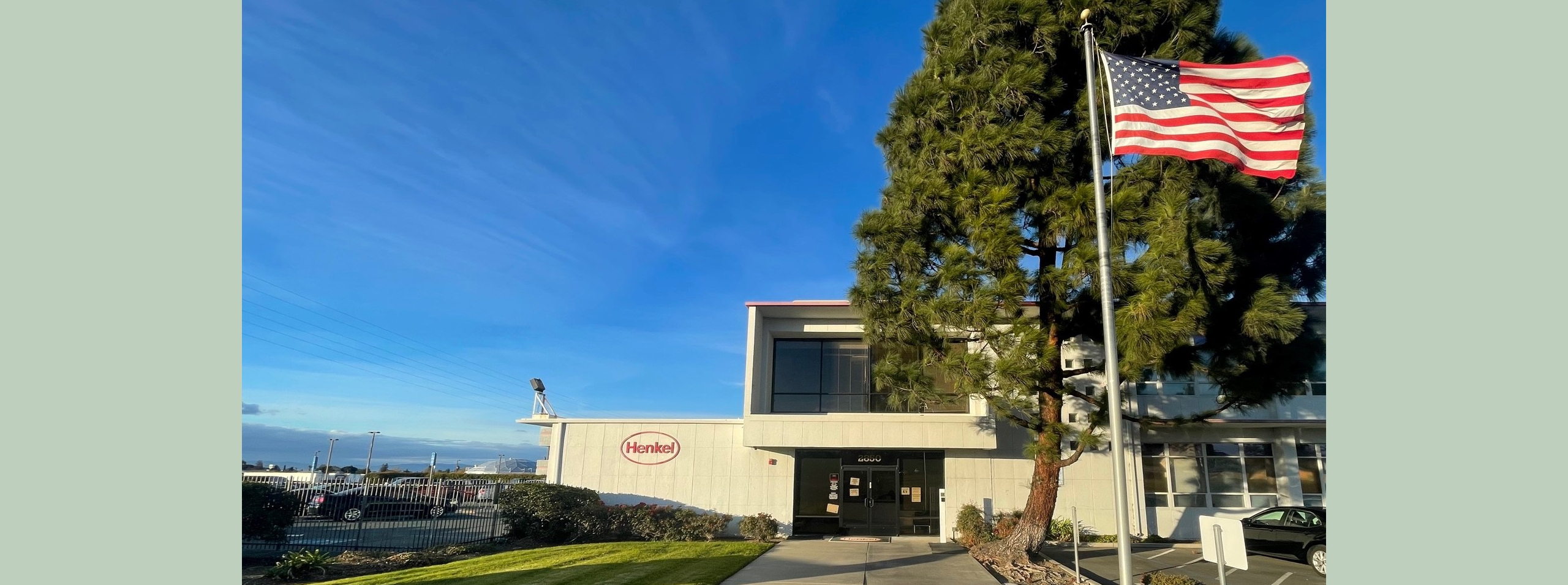 Building exterior with U.S. flag in front