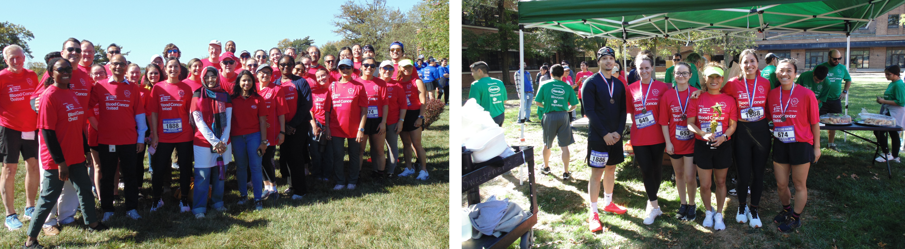 Left: Group of employees standing outside together on grassy ground wearing red T-shirts displaying the Henkel logo and the words: “Blood Cancer United.” Right: Six race participants wearing red shirts with the words “Blood Cancer United,” posing under a canopy, wearing race bibs and medals, with one holding a trophy.