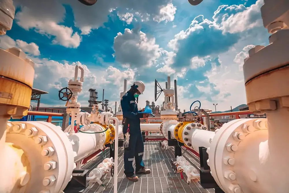 A worker wearing safety gear conducts maintenance on a pipeline.