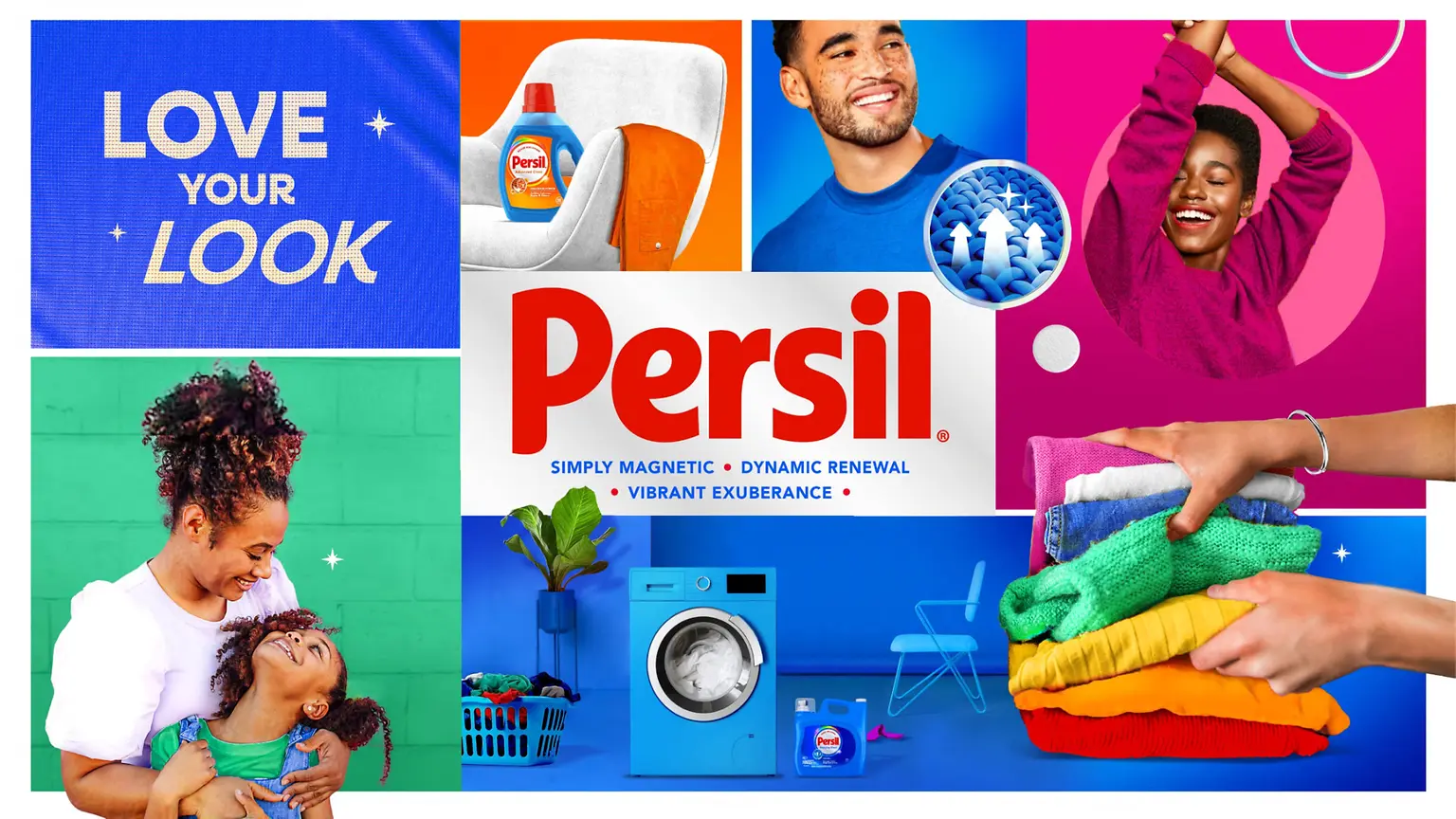 Colorful squares, collaged with photos of people doing laundry and hugging