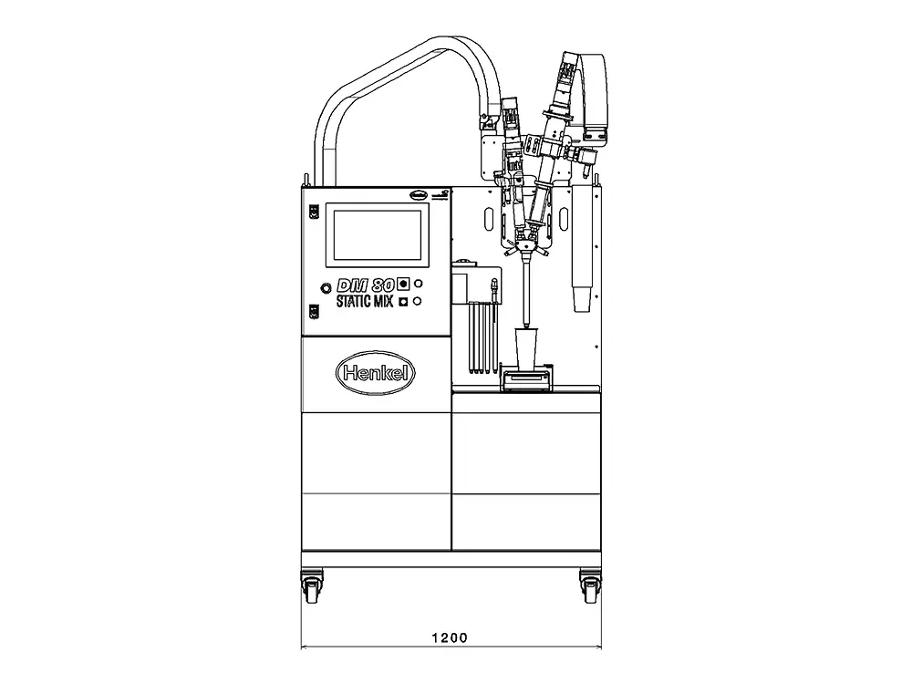 
The Sonderhoff DM80 Static Mix dispensing machine in front and side view, with the dimensions (W/D/H) 1200 x 1438 x 2267 mm.