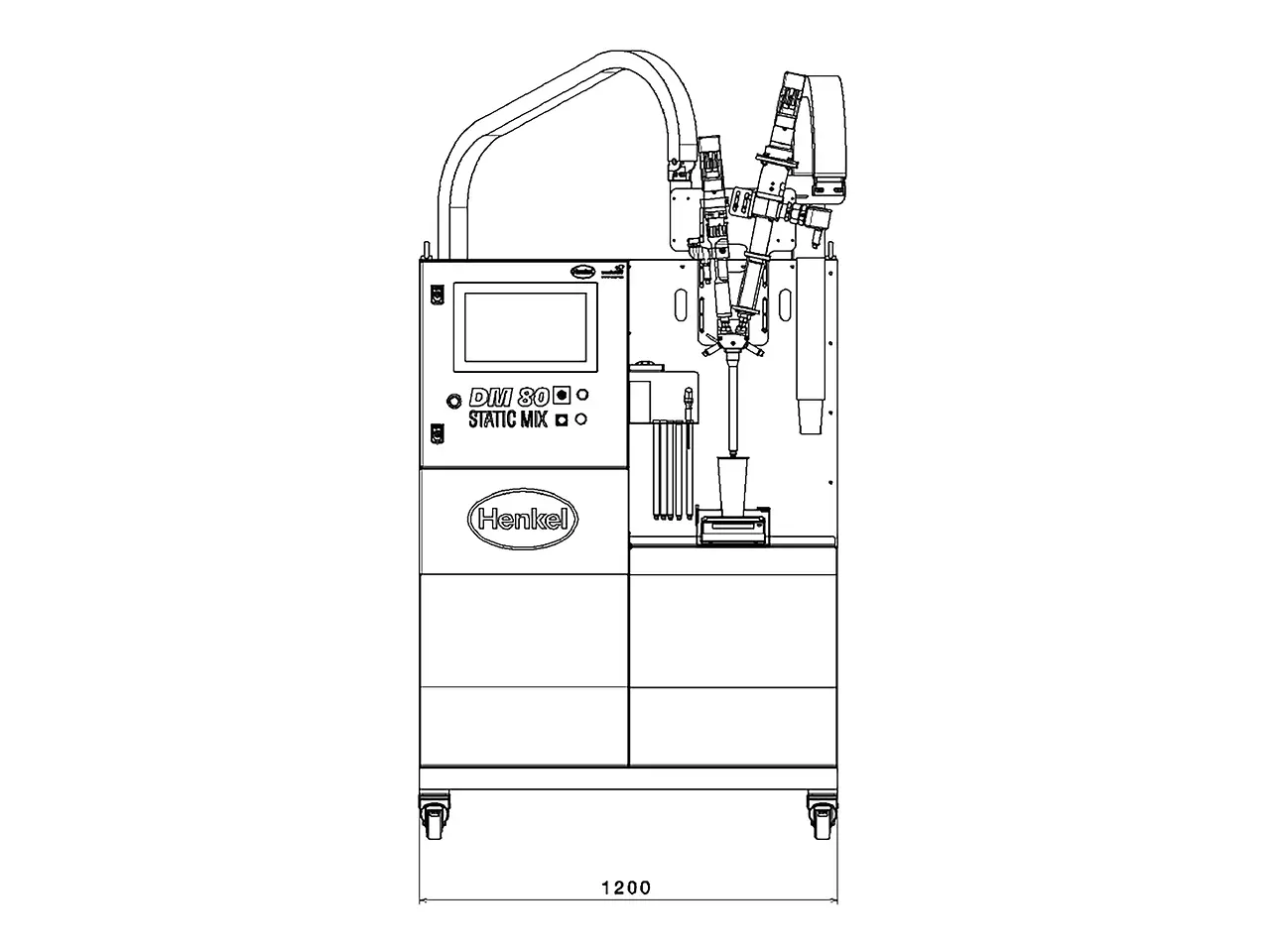
The Sonderhoff DM80 Static Mix dispensing machine in front and side view, with the dimensions (W/D/H) 1200 x 1438 x 2267 mm.