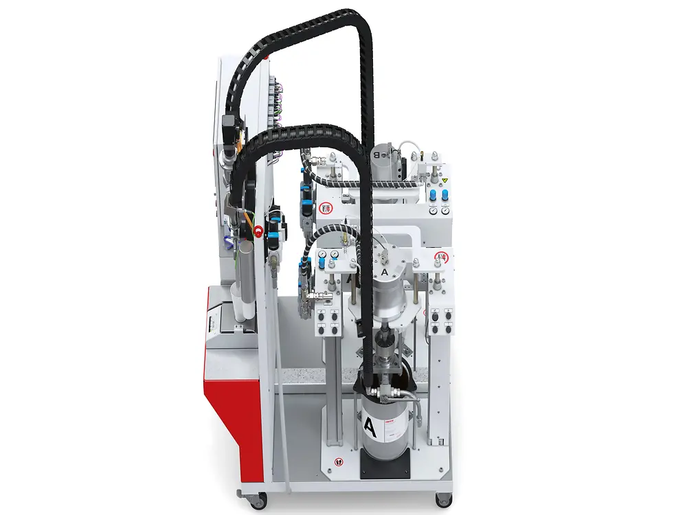 
The Sonderhoff DM80 Static Mix dispensing machine – compact, mobile, reliable and easy to operate – with safety ram press for material feed of 20-liter containers and functions for automatic aeration and ventilation.
