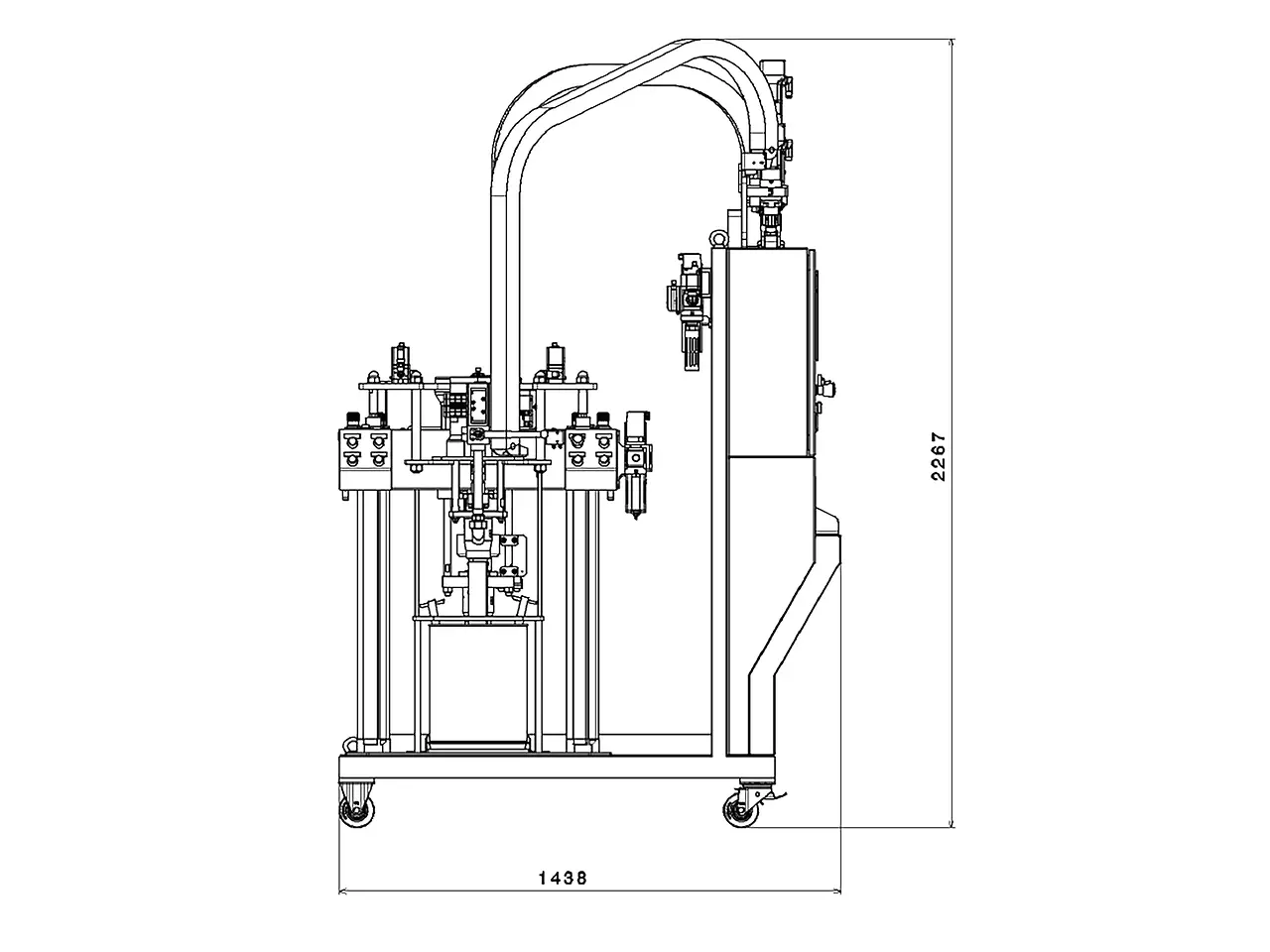 
The Sonderhoff DM80 Static Mix dispensing machine in front and side view, with the dimensions (W/D/H) 1200 x 1438 x 2267 mm.