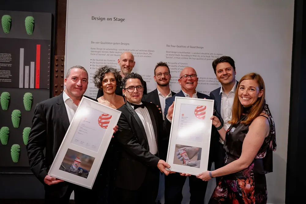 
Handover in The Red Dot Museum in Essen (from left to right): Chris Murphy – CEO Dolmen, Celine Blais, Udo Hinterseer – both Henkel, Siegfried Schneider – CMO Red Dot, Pascal Wilkens, Peter Cox, Jens Uhlenbrock and Niamh O’Reilly – all Henkel
