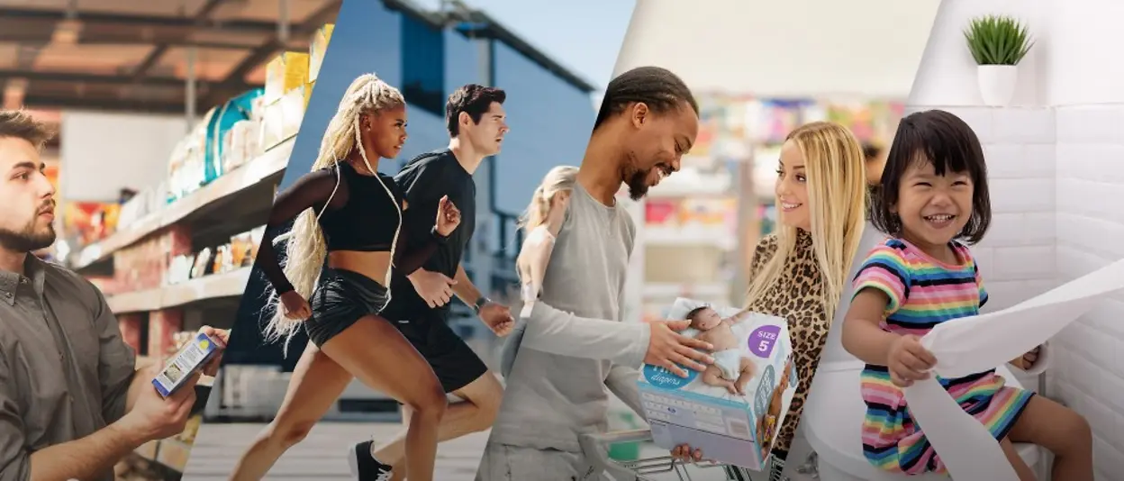 Collage showing examples of consumer industry segments supported by Henkel’s Adhesive Technologies: packaged goods in a retail aisle, athletic wear for sports, baby care products in a shopping cart, and a child playing with toilet paper in a bathroom.