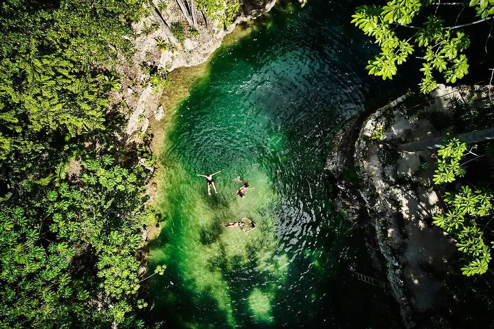 Aerial view of a small natural pool surrounded by dense green vegetation, with three people floating in the clear, emerald water.