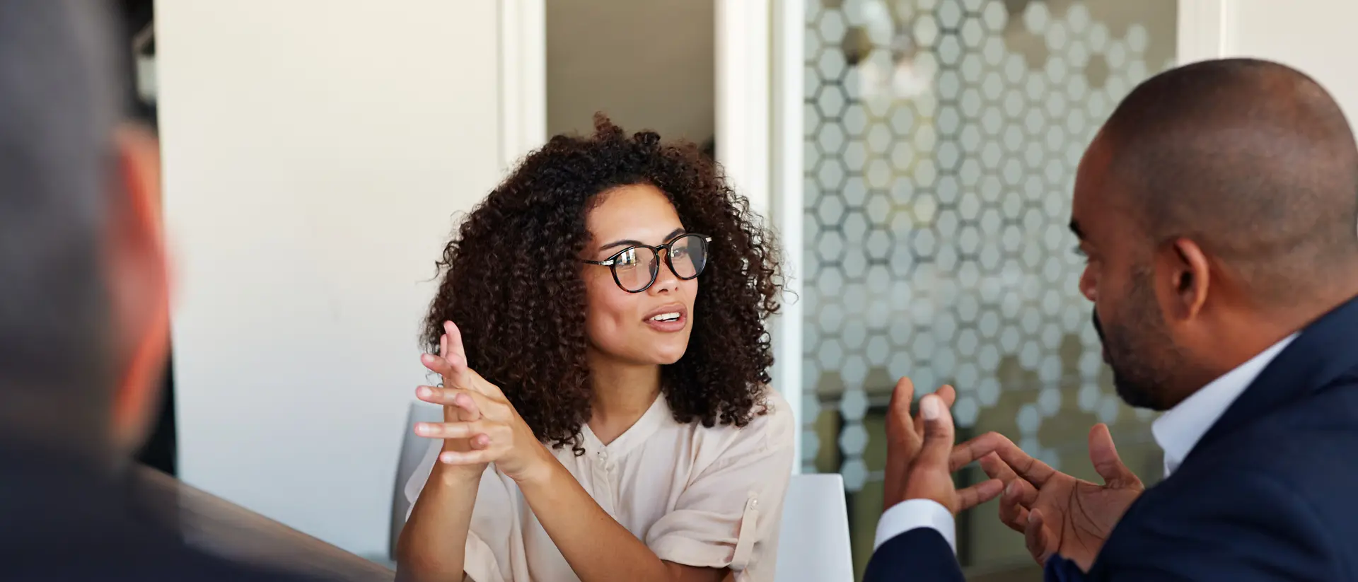 Colleagues collaborating during a business meeting with one person explaining an idea.