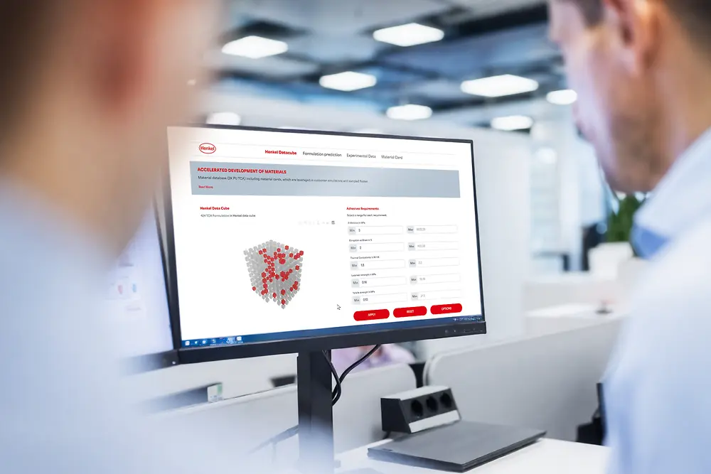 
A Henkel expert using Loctite Solve to generate material data cards to evaluate adhesive performance within digital design workflows.